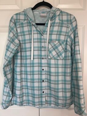 Columbia Teal & White Plaid Hooded Button-Up